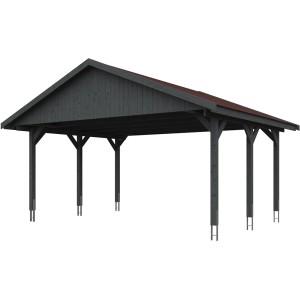 Satteldach-Carport Wallgau, schiefergraues Holz, rote Dachschindeln, stabile Konstruktion.