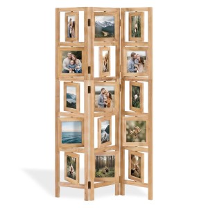 Brauner 3-teiliger Holz-Paravent mit drehbaren Fotohaltern, 93x161 cm. Flexibler Raumteiler für Fotos.