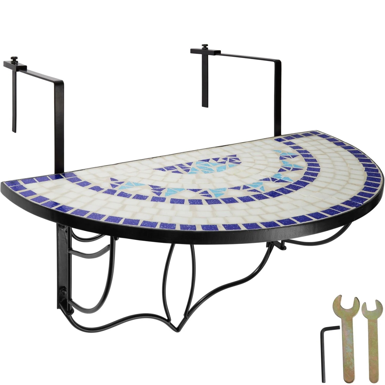 Tectake Balkontisch  Stahl  Mosaik und Zement Halbkreisförmig  Klappbar  75 x 65 x 62 cm Weiß Blau