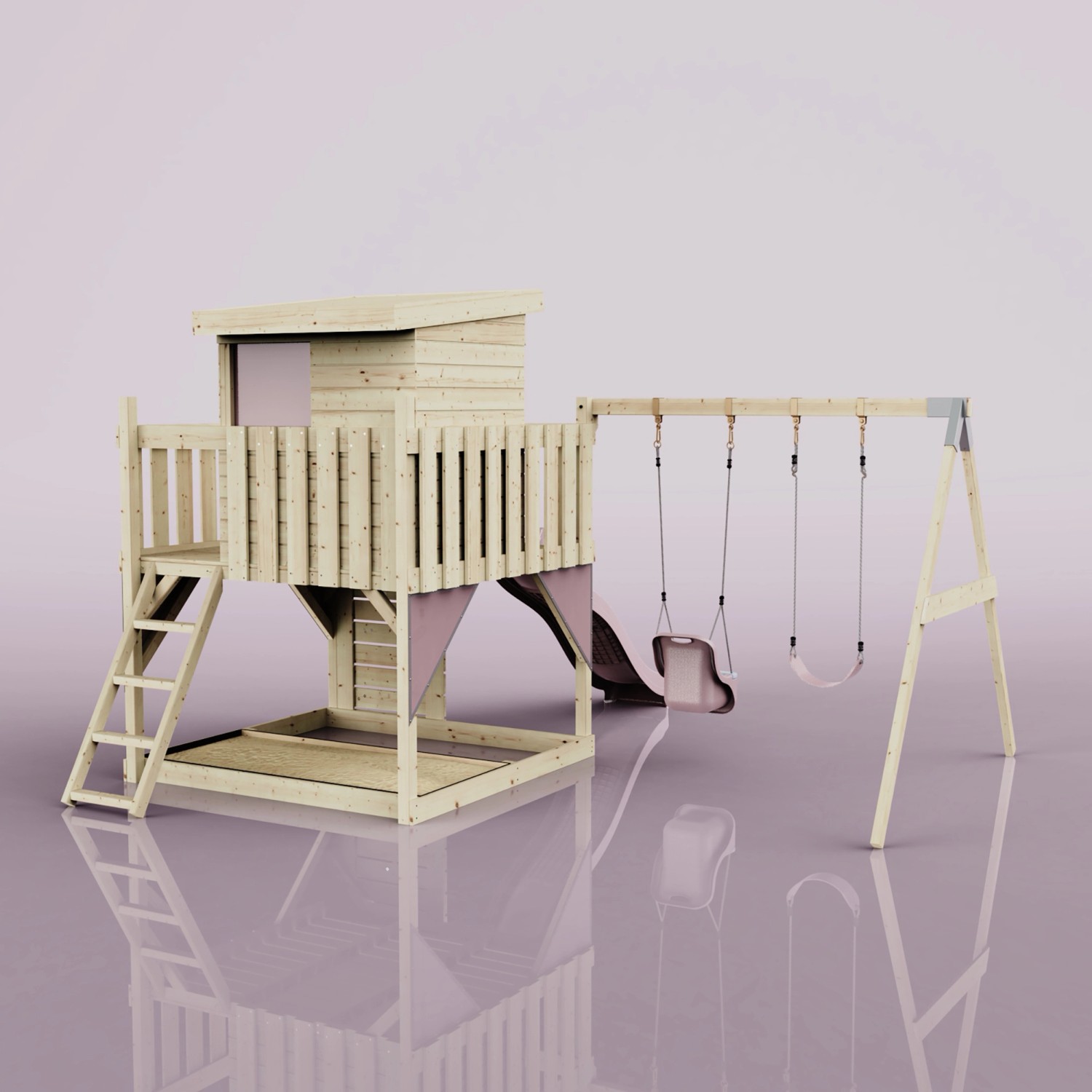 PolarPlay Spielturm Björn mit Babyschaukel, altrosa, aus Holz mit Rutsche und Schaukel.