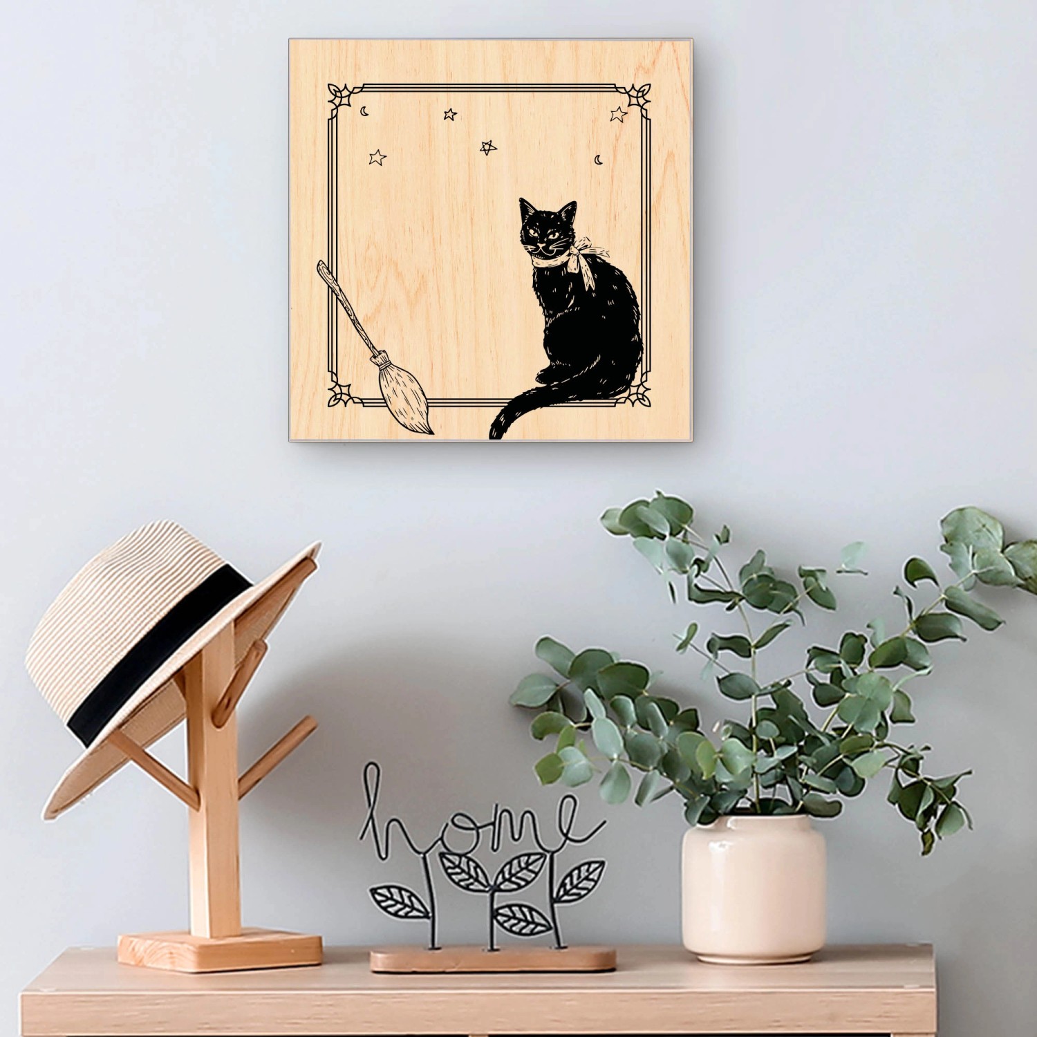 Banjado Schlüsselkasten mit Hexenkater-Motiv, 30x30cm, für 50 Schlüssel. Holz-Design Schlüsselbox.