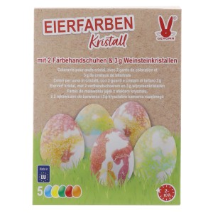 Eierfarben Kristall: Set mit Farben in Blau, Gelb, Grün, Rot und Orange für Ostereier mit Kristalleffekt.