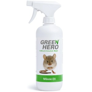 GreenHero Mäuse-Ex Spray zur Abwehr, weiße Sprühflasche mit Mäuse-Motiv.