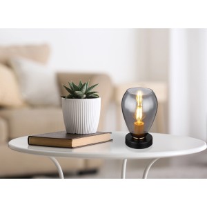 Globo Tischlampe Fanni, schwarz-matt mit Rauchglas, 23,5cm hoch. Design-Tischleuchte für E27 Leuchtmittel.