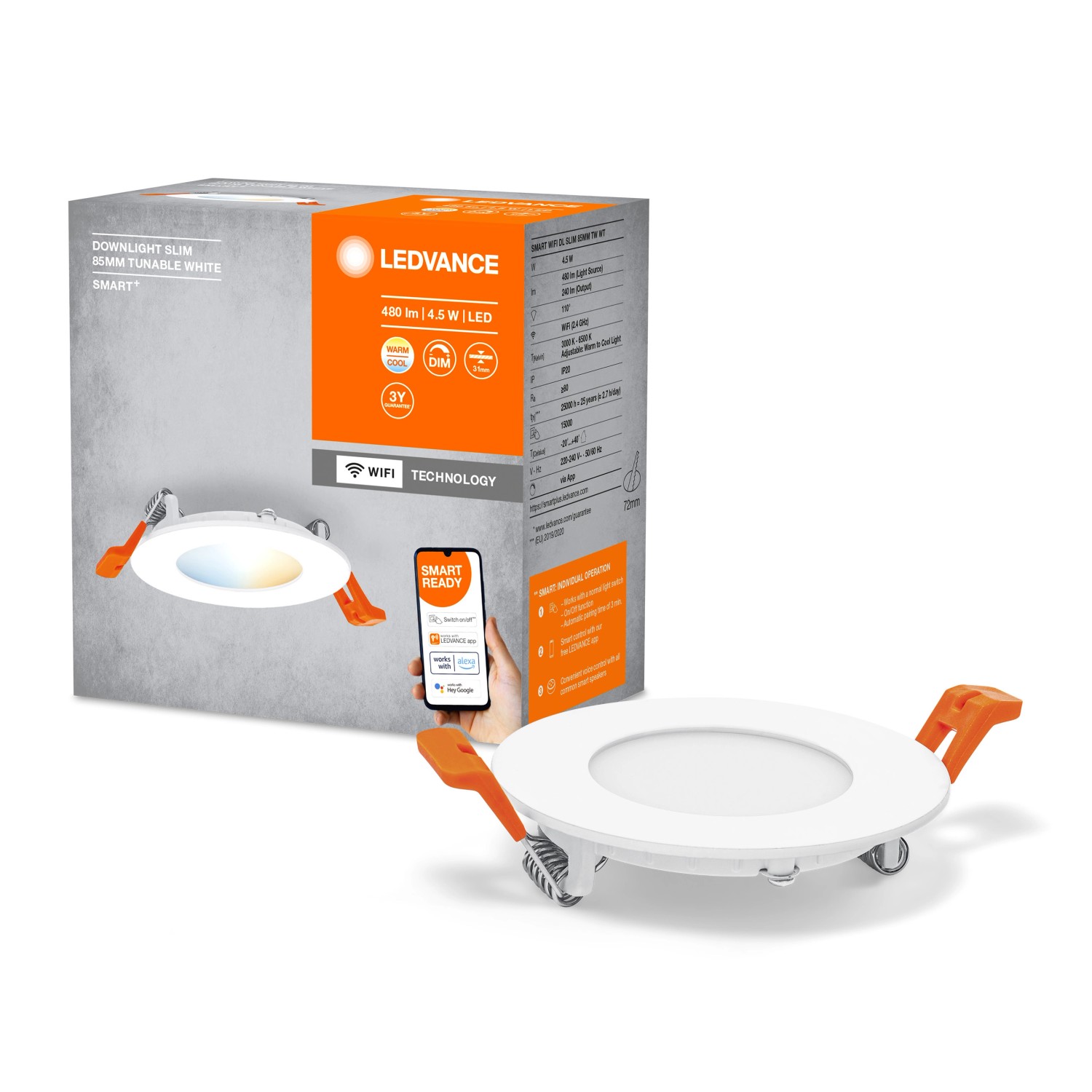 Ledvance Smart+ WiFi LED-Einbauleuchte Downlight Slim TW Weiß Ø 8,5 cm