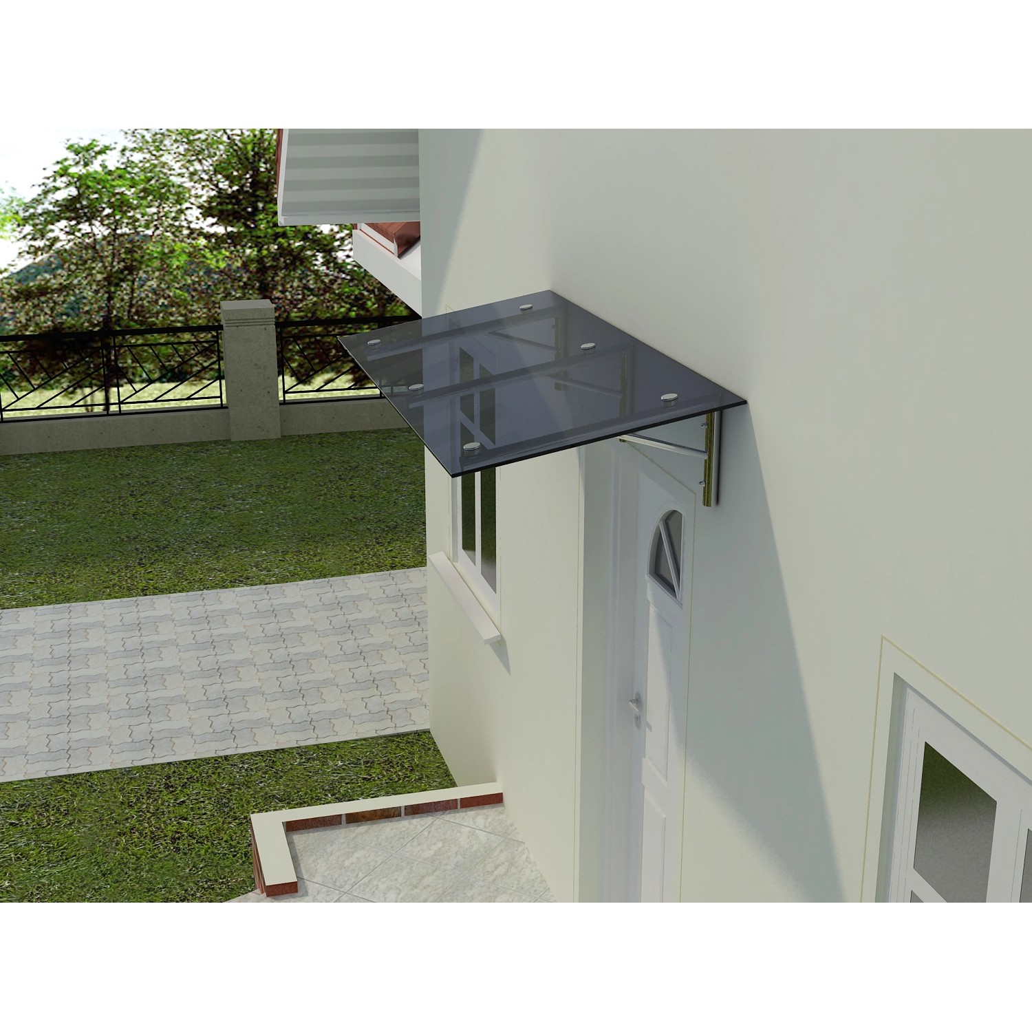 Glasvordach Zugspitze Grauglas VS-Glas 150x120 cm am Haus montiert.