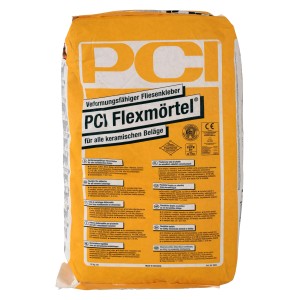 Sack PCI Flexmörtel Fliesenkleber, 25 kg, für keramische Beläge im Innen- und Außenbereich.