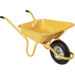 Gelbe Haemmerlin Schubkarre Expert Alpha mit 100 l Mulde und Luftrad.
