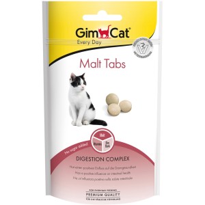 GimCat Malt Tabs, 40g Packung Katzenleckerli mit Katze und drei Tabletten.