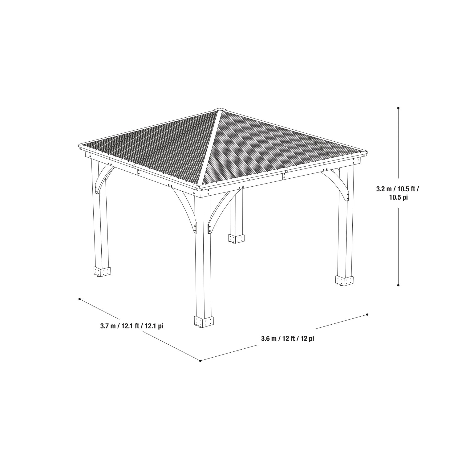 Skizze des Westmann Holz Pavillon Devon 366x366 cm mit Aluminiumdach und Maßangaben.