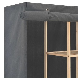 Grauer Stoff-Kleiderschrank (173x40x170cm) mit Holzrahmen und aufgerollter Tür.