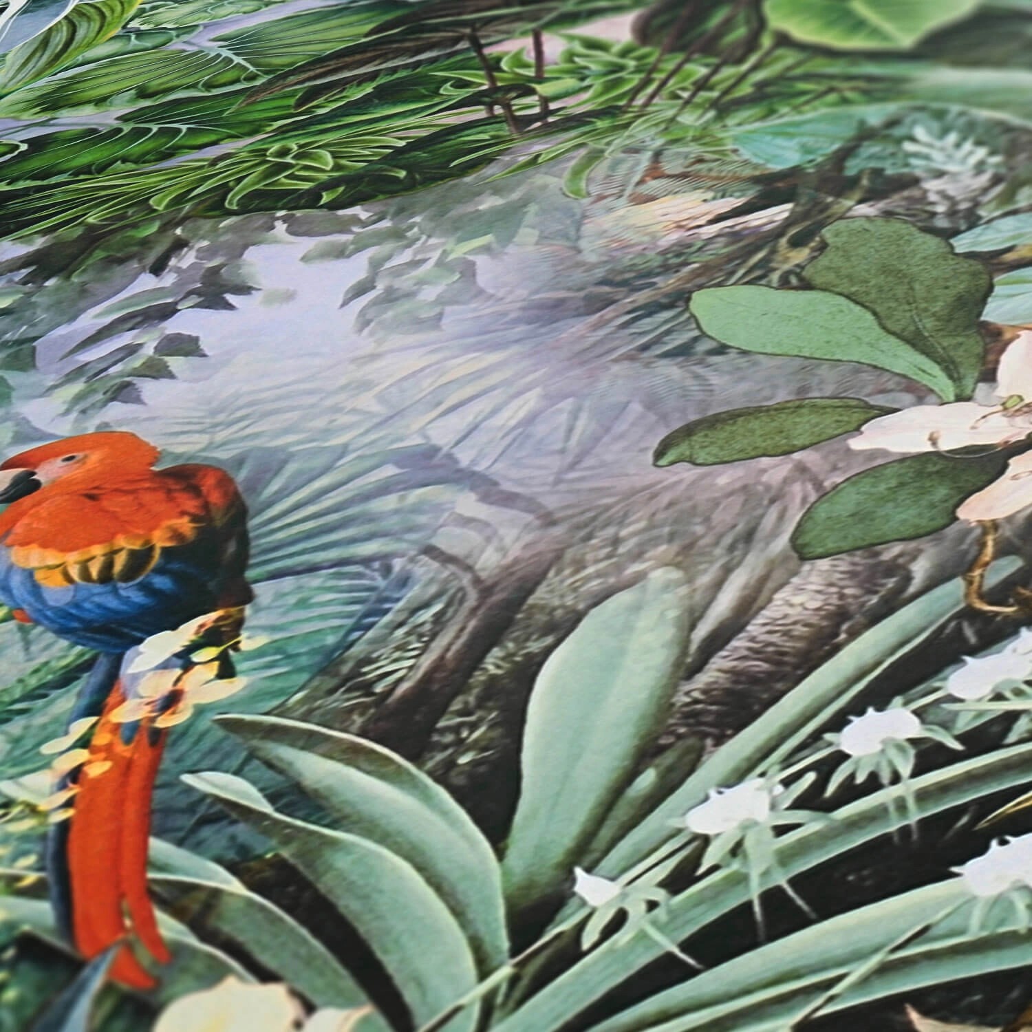 PROFHOME Vliestapete mit Tiermotiv, floral, grün, blau, braun, rosa. Exotische Dschungel-Optik.