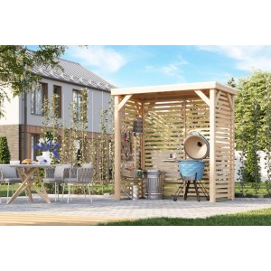 Karibu Pavillon Cannes S: Naturbelassener Holzpavillon mit Grill und Gartentisch im Garten.