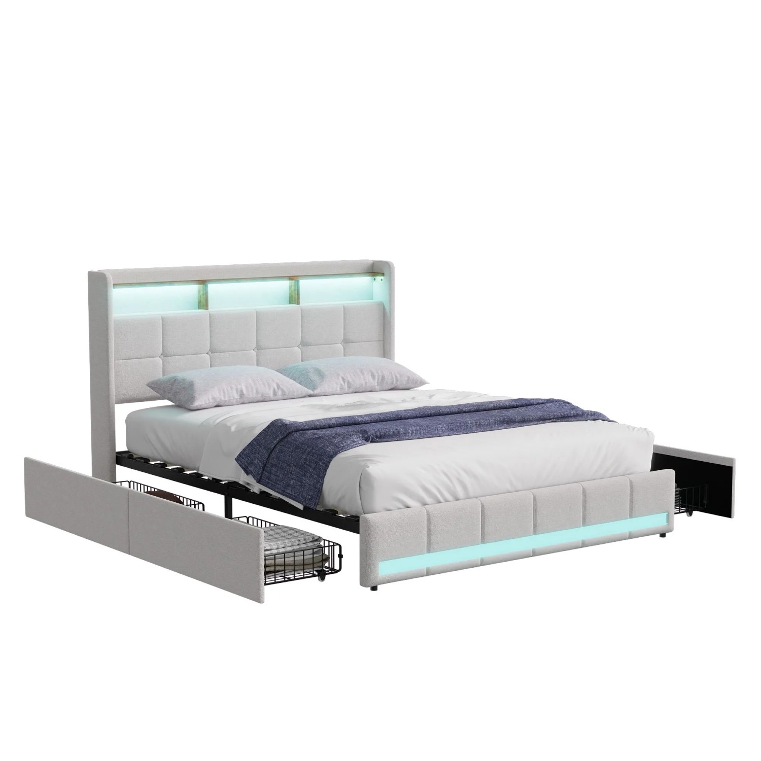 Bett 140x200 mit Schubladen und LED&Ladefunktion Doppelbett mit Lattenrost Beige