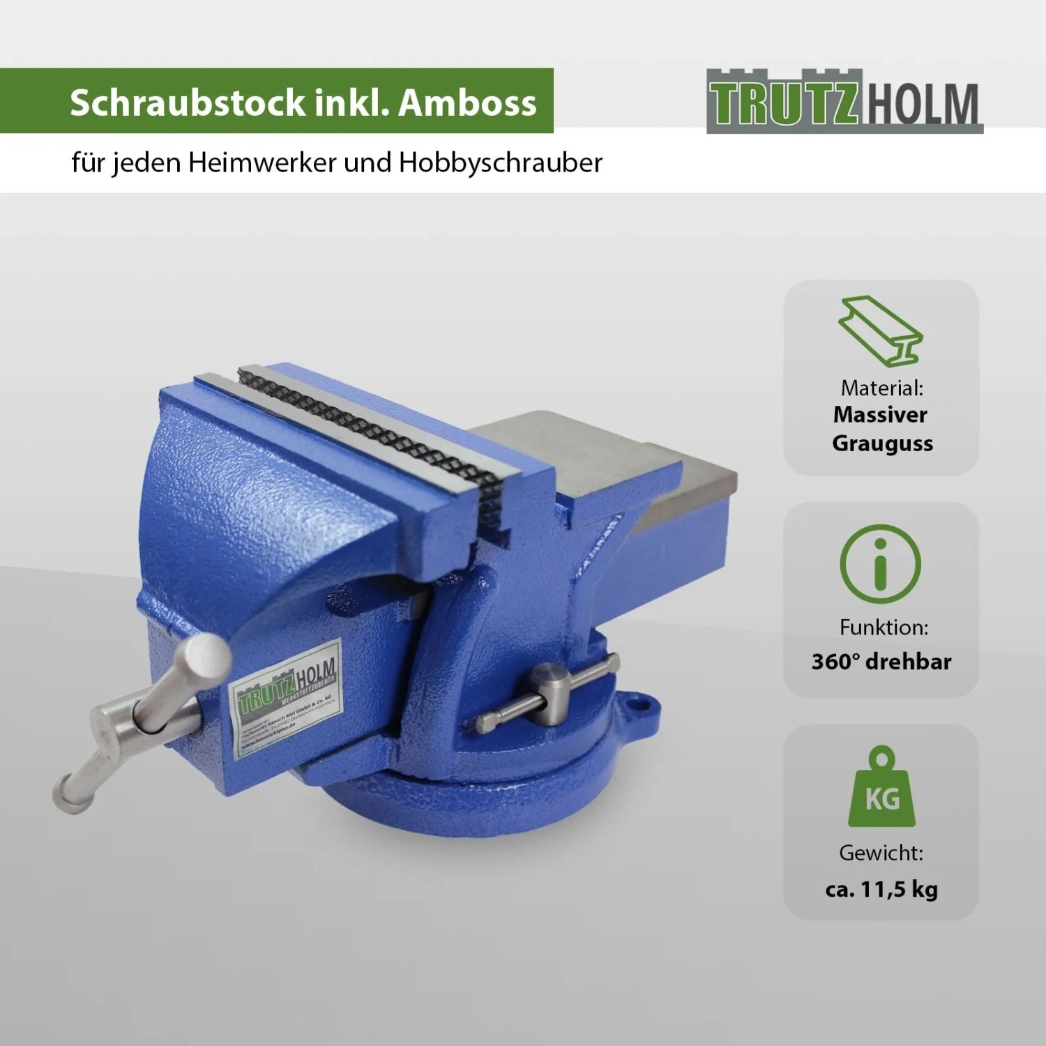 Blauer TRUTZHOLM Schraubstock, 150mm, 360° drehbar mit Amboss für Werkbank.