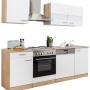 Respekta Küchenzeile KB220ESW, 220 cm, Weiß und Eiche Sägerau Nachbildung, mit E-Geräten.