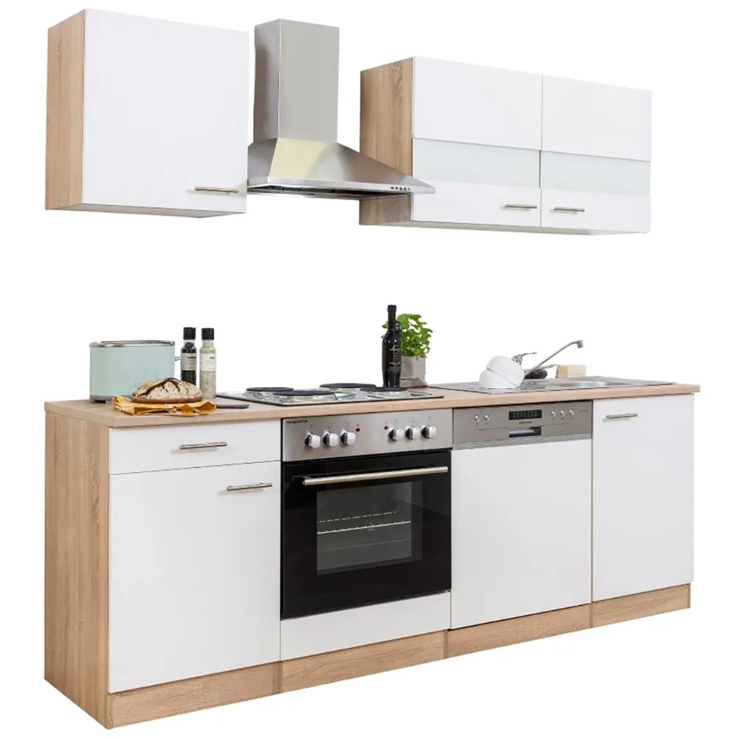 Respekta Küchenzeile KB220ESW, 220 cm, Weiß und Eiche Sägerau Nachbildung, mit E-Geräten.
