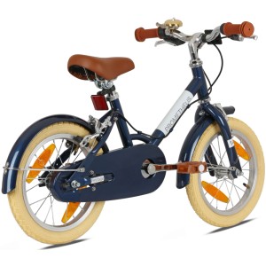 Blaues PROMETHEUS Kinderfahrrad 14 Zoll im Retro-Look mit Ständer und Felgenbremse.
