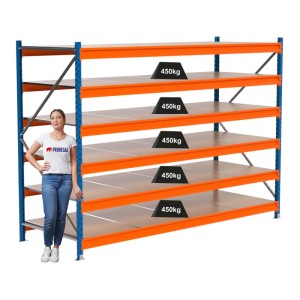 PROREGAL Weitspannregal MAXIMUS PRO Grundregal, 200x275x100cm, mit 6 Spanplattenböden, blau/orange.