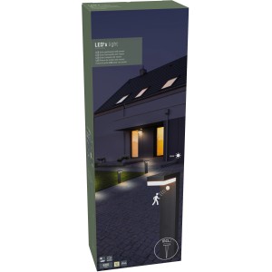Verpackung der schwarzen Solar-Wegeleuchte Gšteborg mit Sensor und 600 Lumen Lichtstärke.