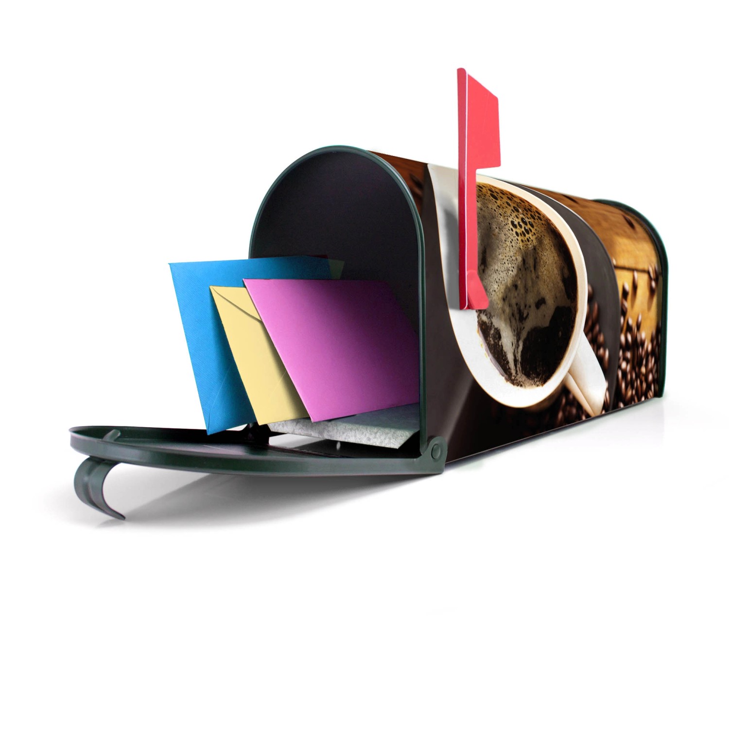 Grüner Banjado US Briefkasten mit Kaffee&Schokolade Motiv, geöffnet mit Briefen.