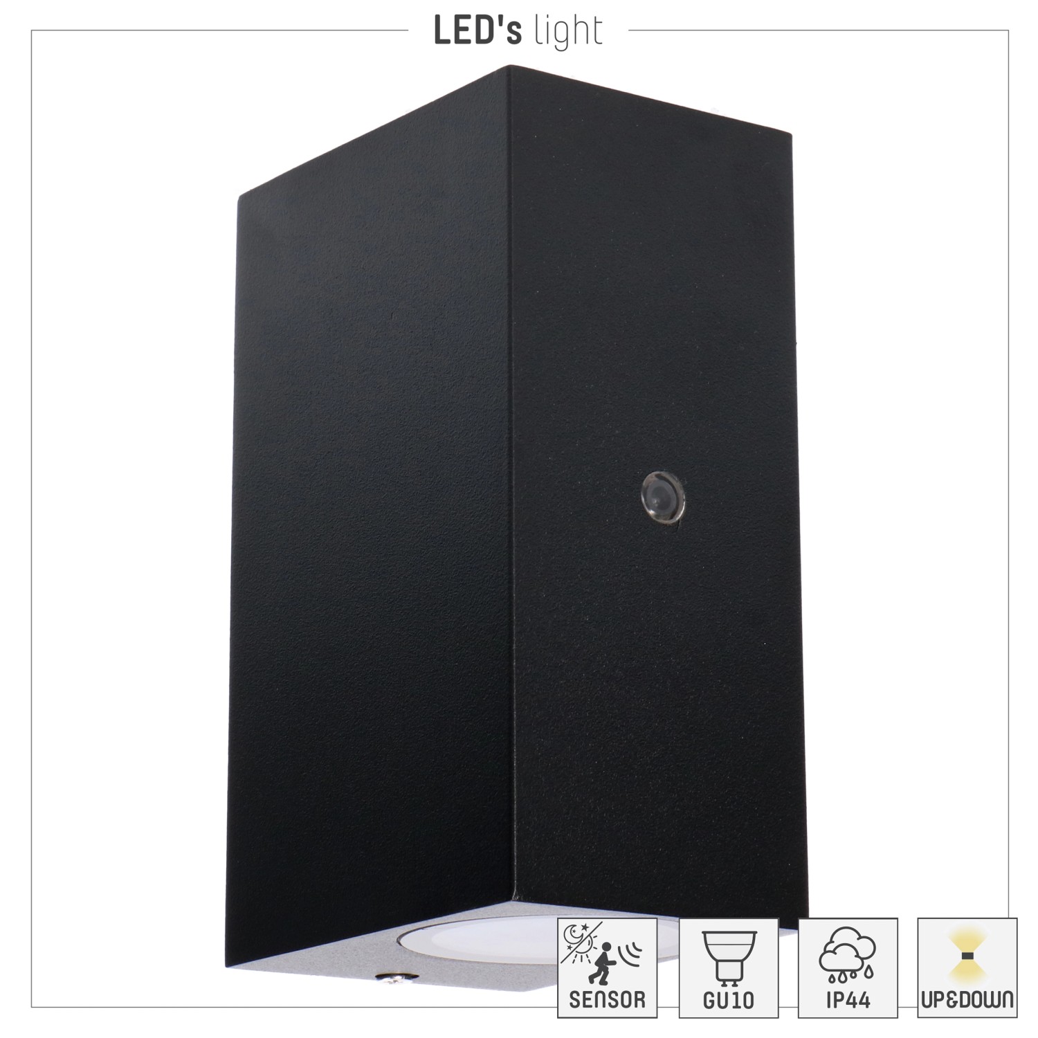 Eckige LED Außenwandleuchte in Schwarz mit Tagessensor für den Außenbereich.
