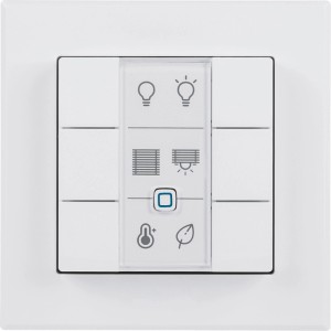 Weißer Homematic IP Wandtaster 6-fach für Smart Home. Steuert Licht, Jalousien, Heizung mit Symbolen.