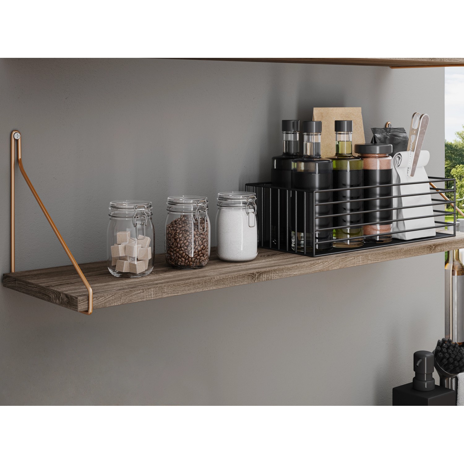 Wandregal Oldham in Sonoma Eiche mit Deko-Elementen. Modernes Design für Küche oder Wohnbereich.