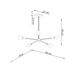 Schwarzer Sollux Lighting Kronleuchter Lango 5 mit 5 Leuchten, Maße sind eingezeichnet.