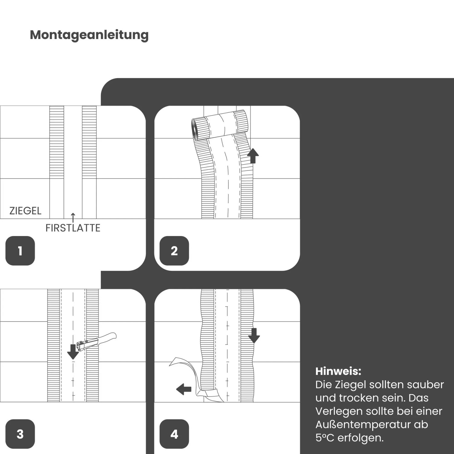 Montageanleitung für Daprona Firstband Alu zur Dachfirst Abdichtung, 4 Schritte.