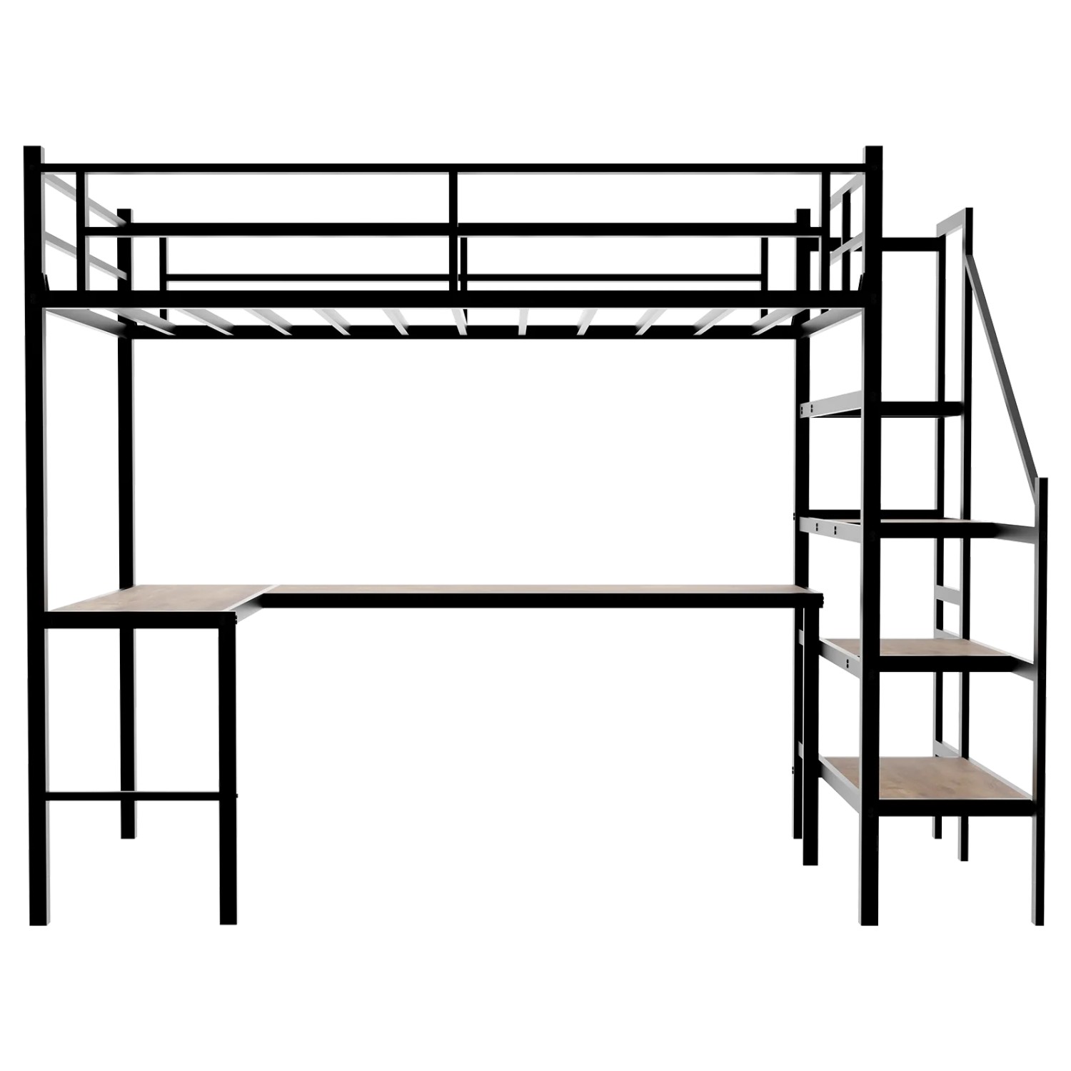 okwish Hochbett 90x190cm mit L Schreibtisch Treppe und Regalen Schwarz ohne Matratze