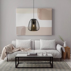 Eglo Pendelleuchte Curasao, schwarz-gold, Ø 33,5 cm. Hängelampe mit Drahtschirm und Textil-Zylinder im Wohnraum.