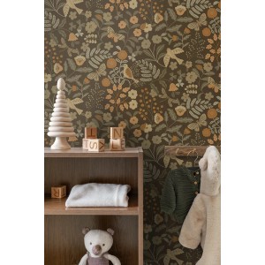 ESTAhome Tapete Blumen und Vögel Graugrün Braun und Ockergelb 50 x 900 cm