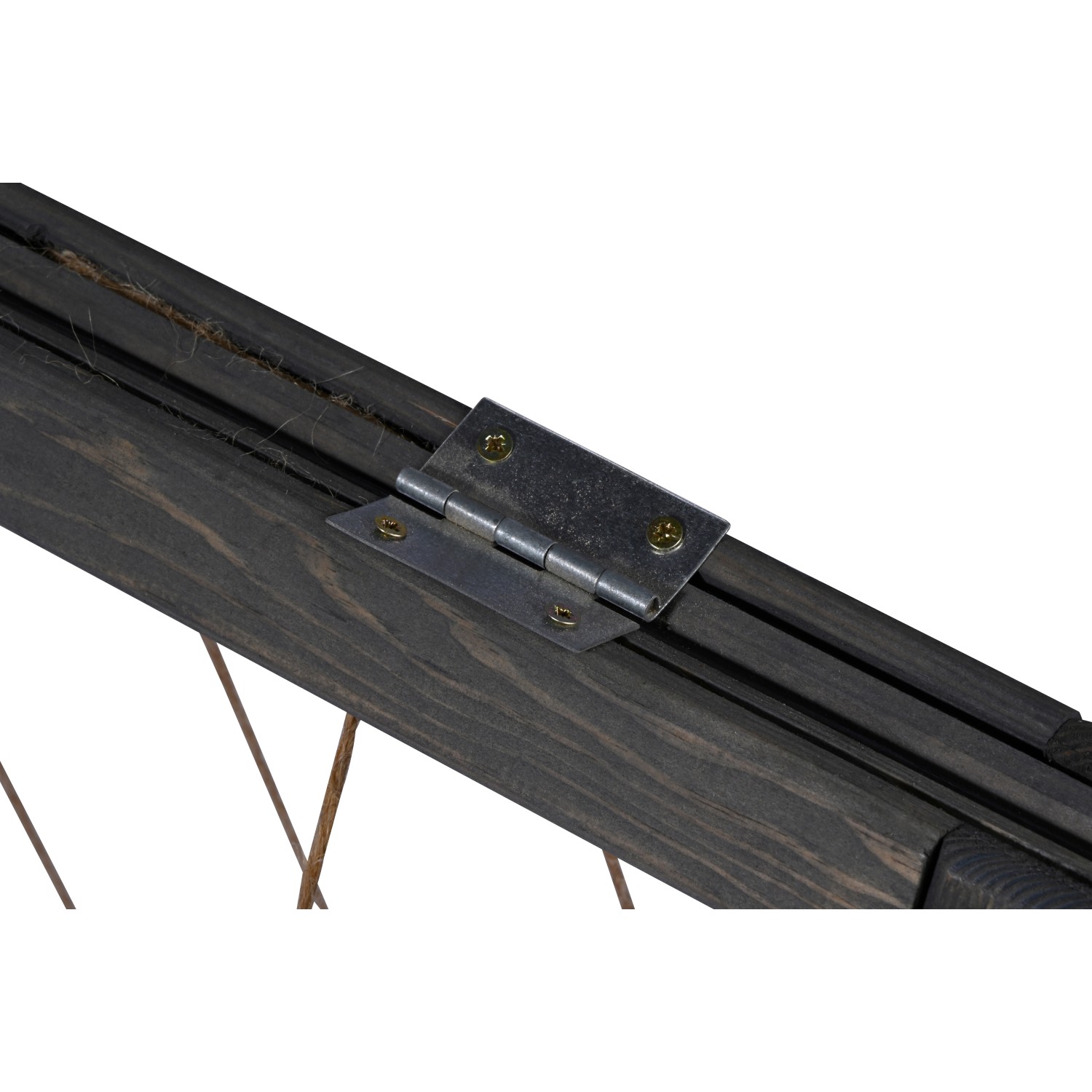 Detailaufnahme: Dobar Rankhilfenaufsatz Kubus 2.0, anthrazitfarbenes Holz mit Hanfseilen und Scharnier.