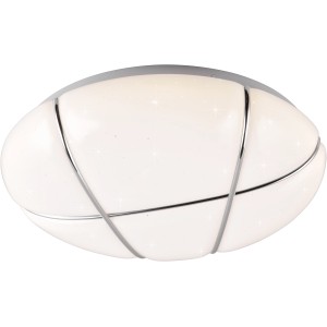 Weiße Reality LED Deckenleuchte Tibor Ø 28cm mit Chrom-Details und Sternenhimmel-Effekt.