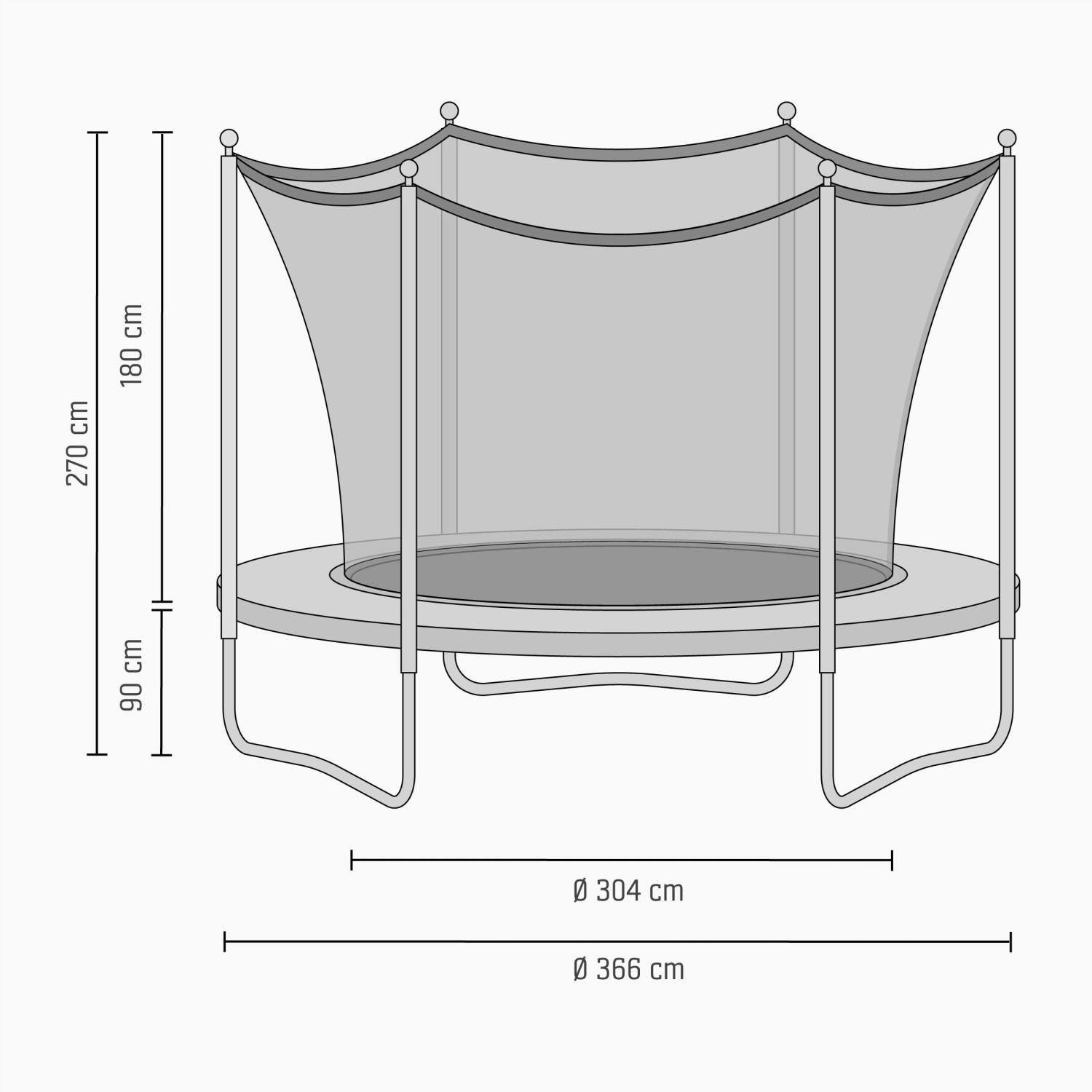 Skizze: Grünes EXIT Allure Premium Trampolin, Ø 366 cm, mit Sicherheitsnetz und Maßangaben.
