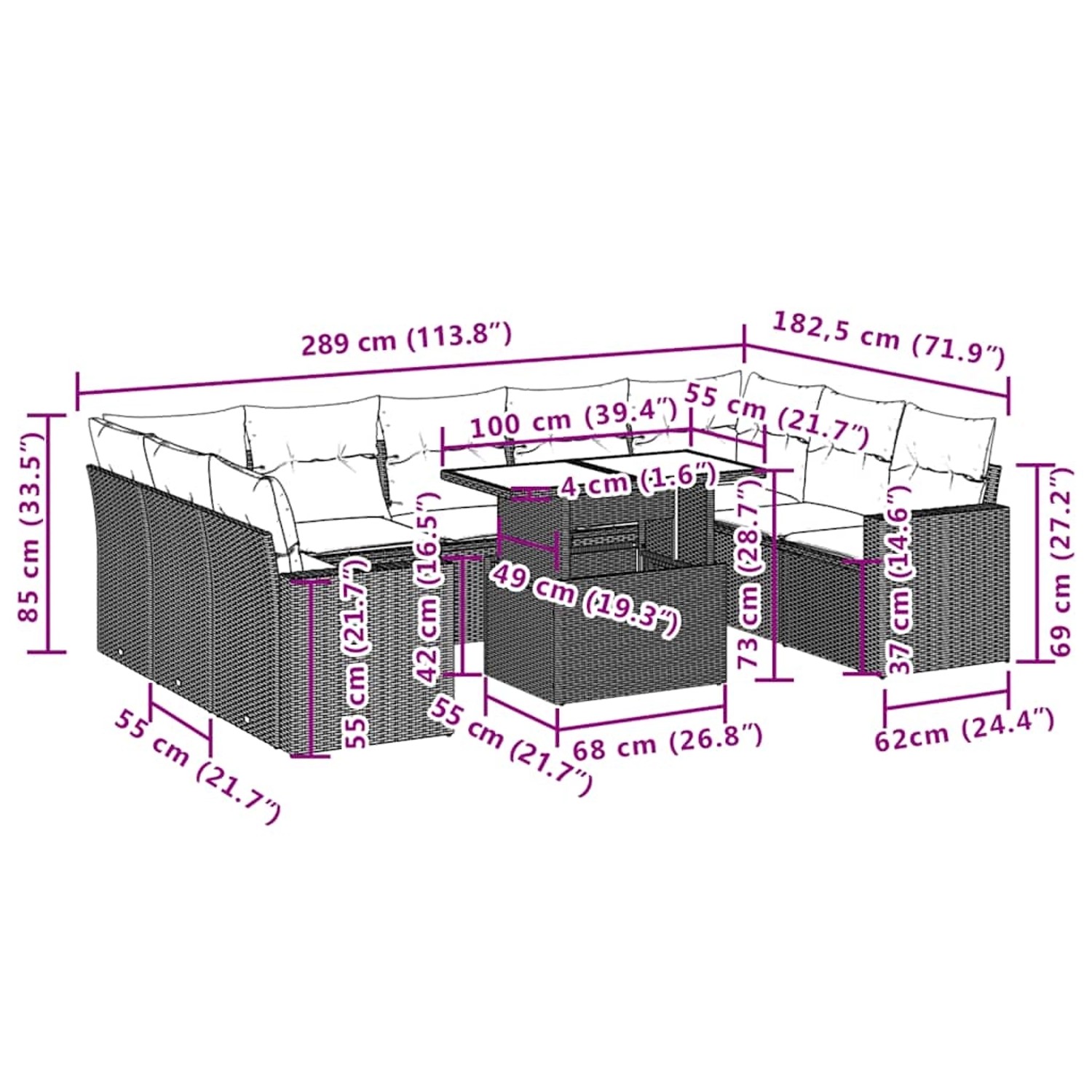 Beige 10-tlg. Garten-Sofagarnitur aus Rattan mit Kissen, Maße eingezeichnet.
