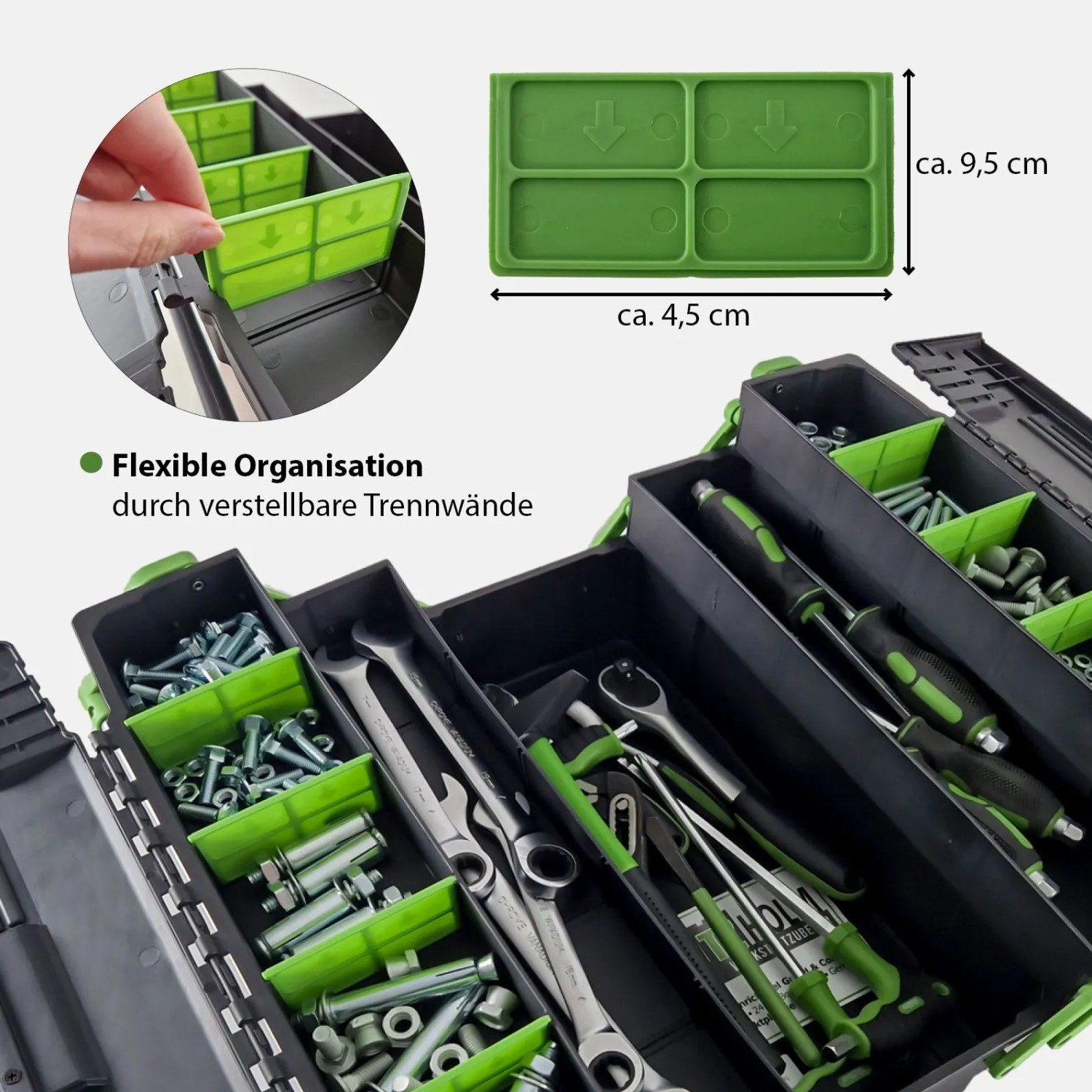 Offene TRUTZHOLM Werkzeugkiste mit Werkzeug und grünen Trennwänden zur flexiblen Organisation.