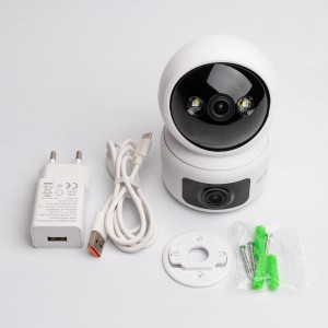 Technaxx TX-327 Dual Kamera für Innen, mit Zubehör wie Netzteil, Kabel, Schrauben und Dübel.