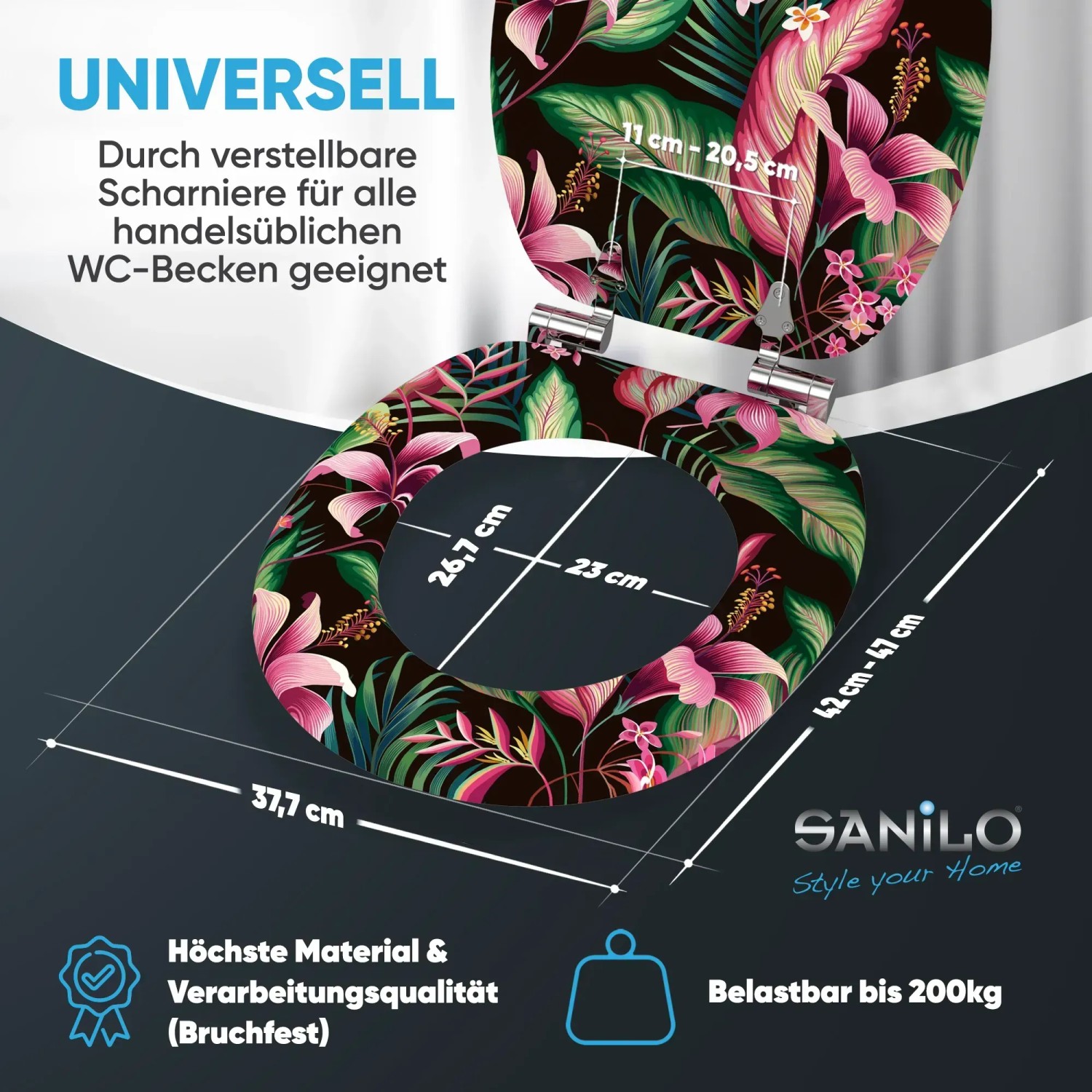 Sanilo WC-Sitz Bali mit Absenkautomatik, Holz, Blumenmuster, Maße eingeblendet.