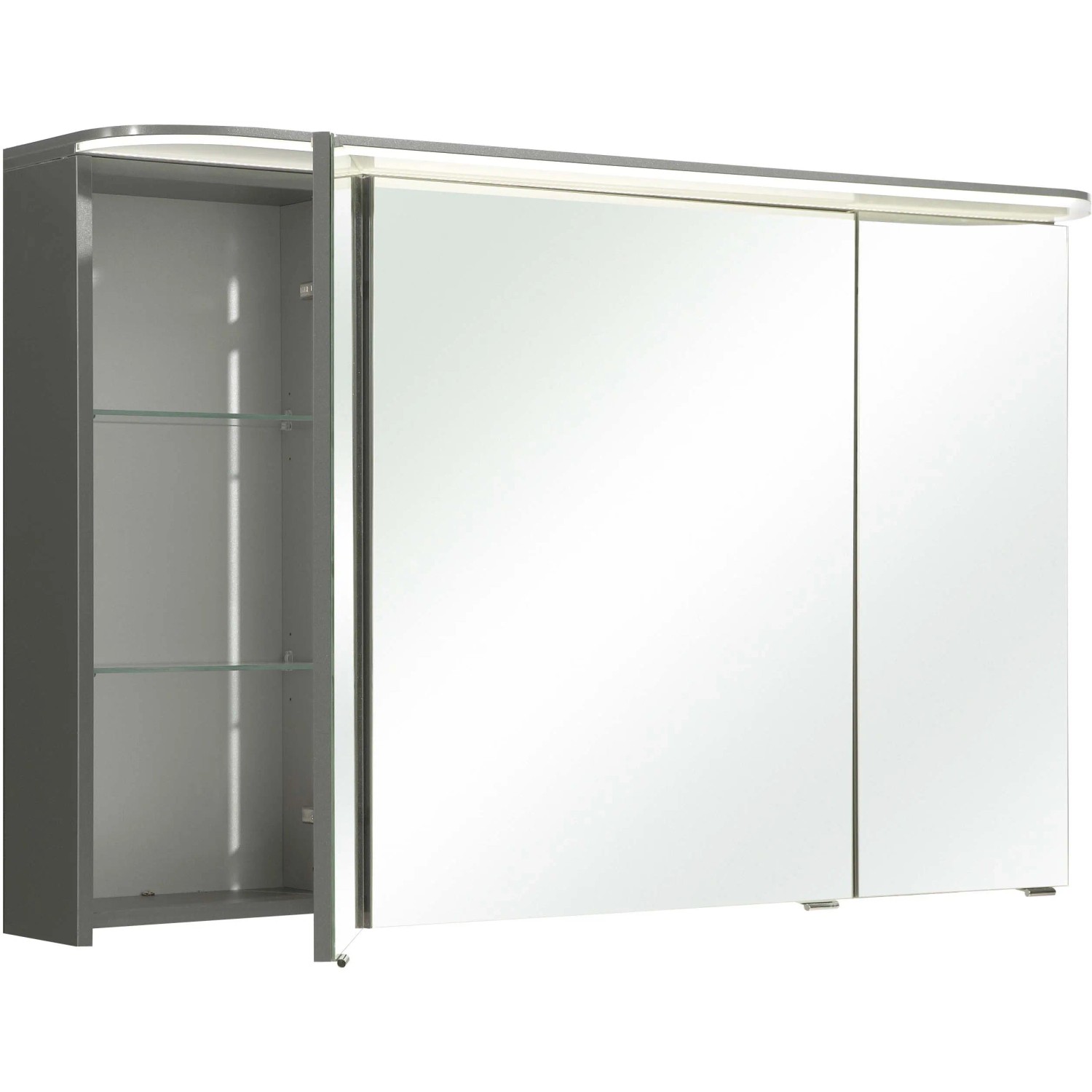 Pelipal Spiegelschrank Quantum 05, anthrazit, 120 cm breit, mit drei Spiegeltüren und Innenfächern.