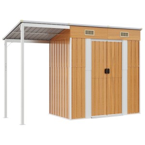 Hellbraunes Gartenhaus mit Schleppdach aus Stahl, 277x110,5x181 cm, ideal zur Aufbewahrung von Gartengeräten.