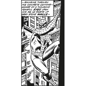 Komar Vliesfototapete: Spider-Man klettert an Häuserwand, Comic-Stil, schwarz-weiß.