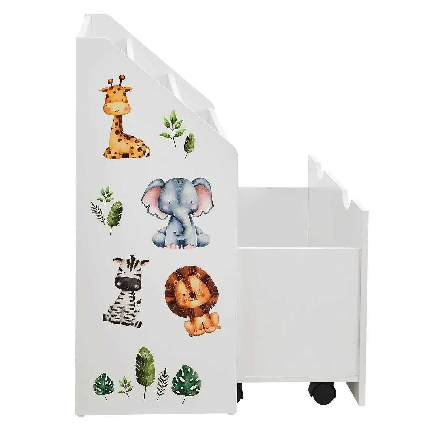 Weißes Juskys Kinder Bücherregal mit 3 Fächern, Spielzeugkiste und Tierstickern.