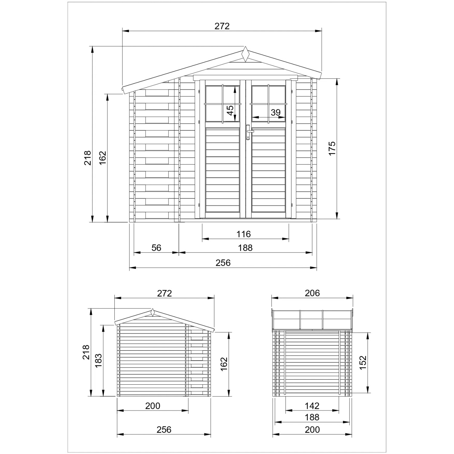 Technische Zeichnung: Timbela Holz-Gartenhaus M386F+M386G mit Maßen.