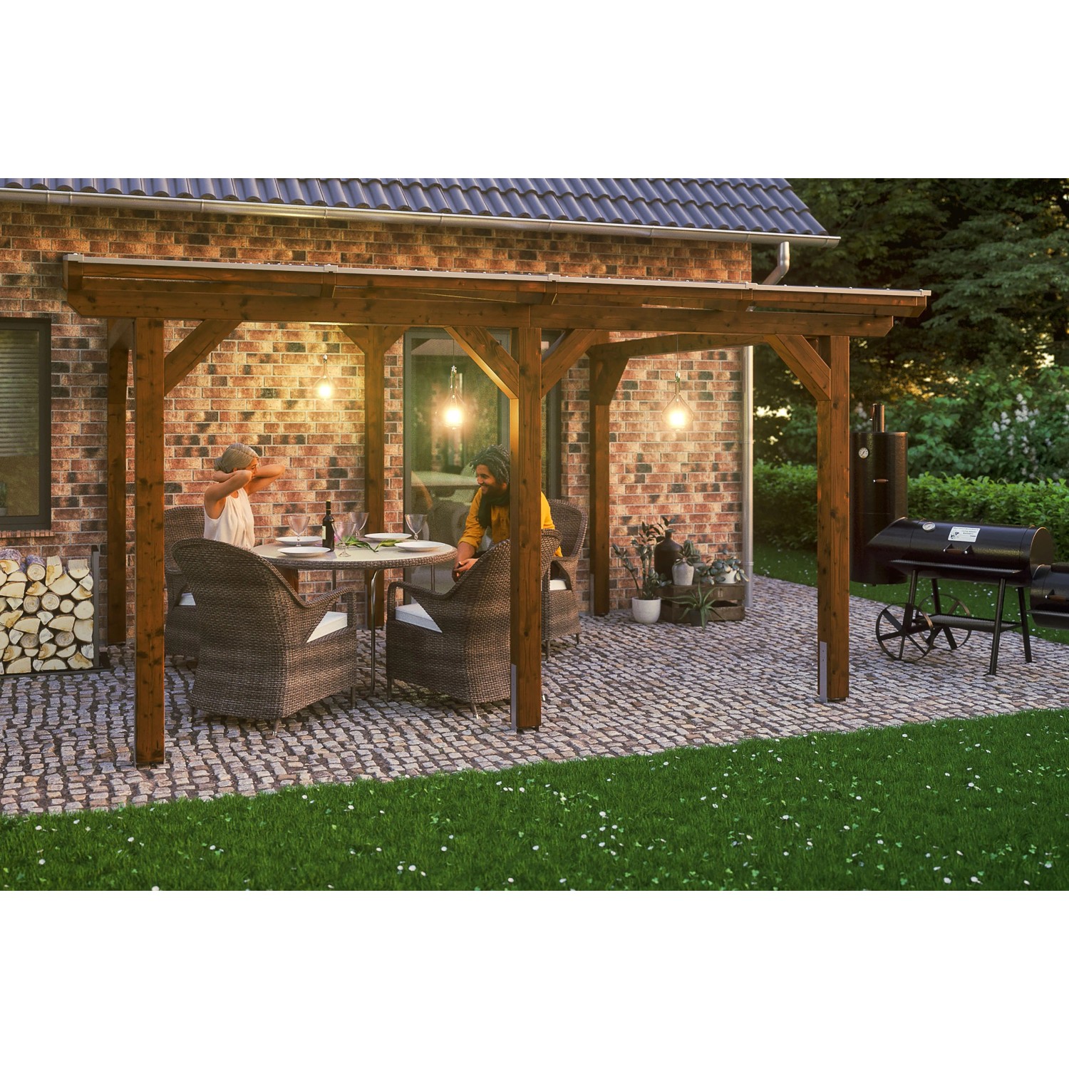 Skan Holz Terrassenüberdachung Siena 434 x 350 cm Leimholz Nussbaum