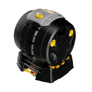 Hozelock Trommelkomposter Easy Mix 2in1, schwarzer Schnellkomposter mit gelben Details.