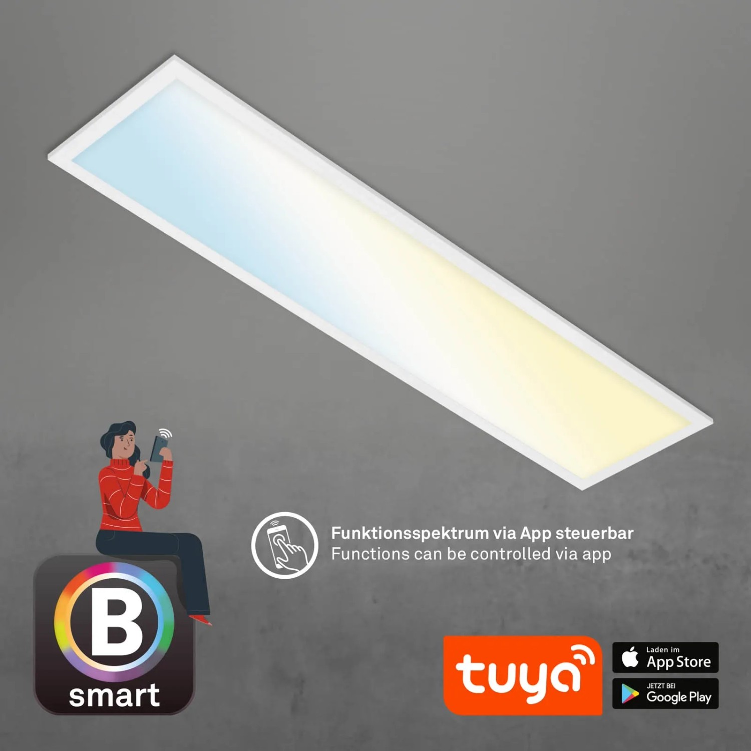 Dimmbare LED Deckenleuchte Piatto S B-Smart, weißes Panel mit App-Steuerung.