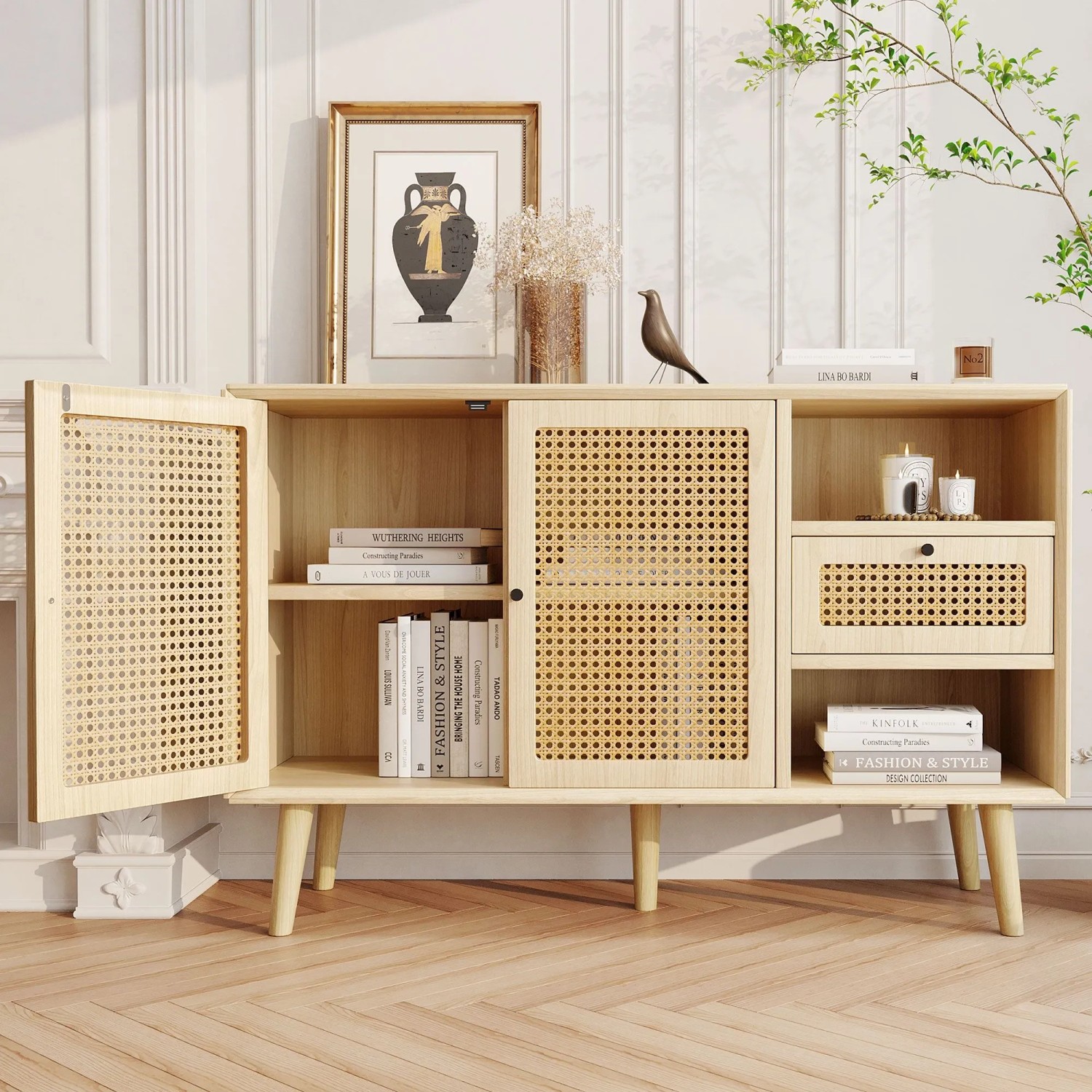 Merax Sideboard 120x40x80 cm Eiche Rattan 1 Schublade 2 Türen Verstellbare Ablagen_3