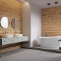 Beige Cersanit Wandfliese Oslo Light mit Holzstruktur im modernen Badezimmer.